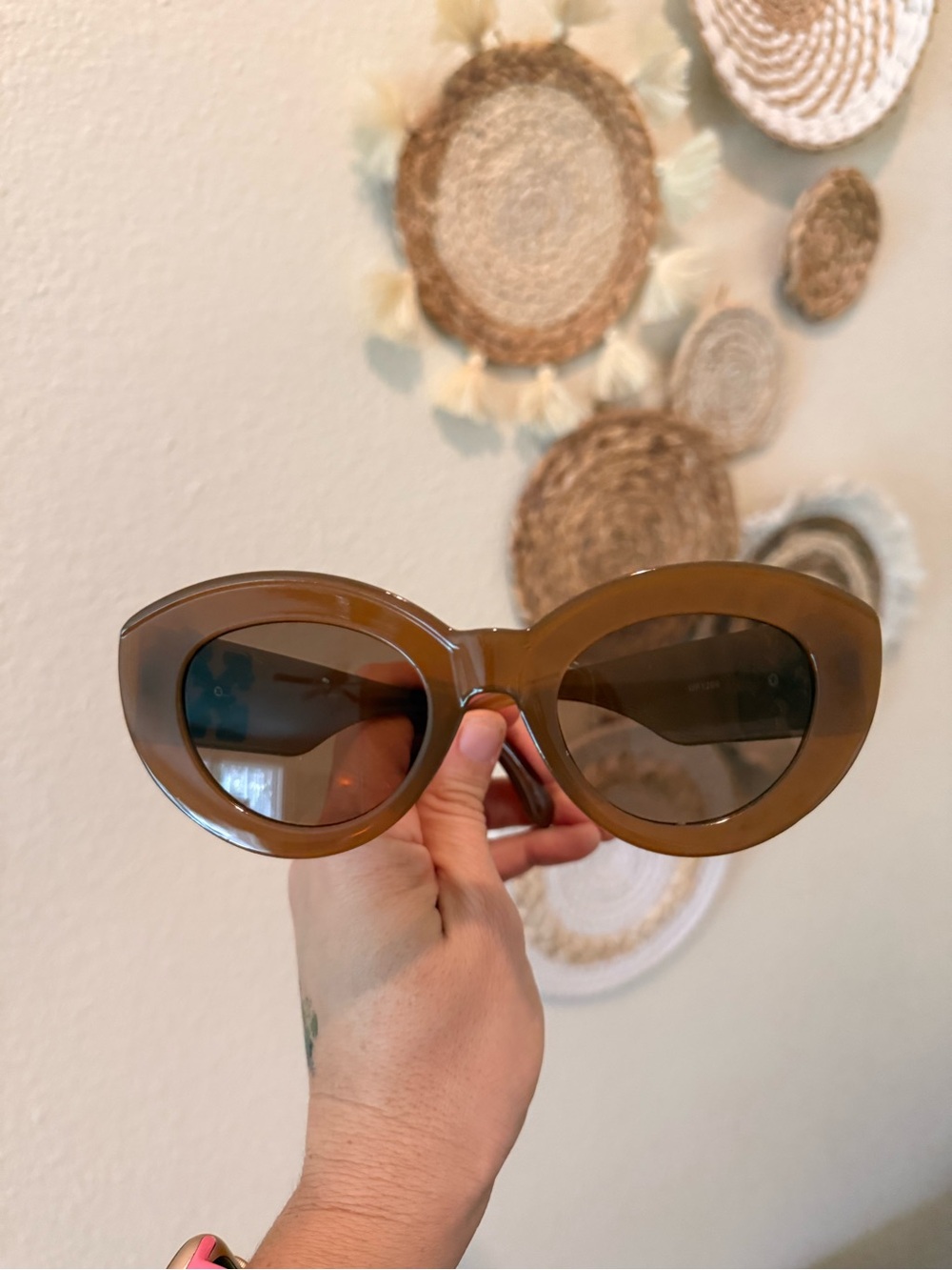 Women’s Retro Round Sunglasses in Tan with Gold Accent - Picture 2 of 7